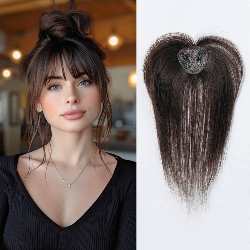 10inch Human Hair Toppers with Bangs Real Natural Hair 3D Wispy Bangs Clips in Hairpieces 360° Full Coverage for Hair Loss