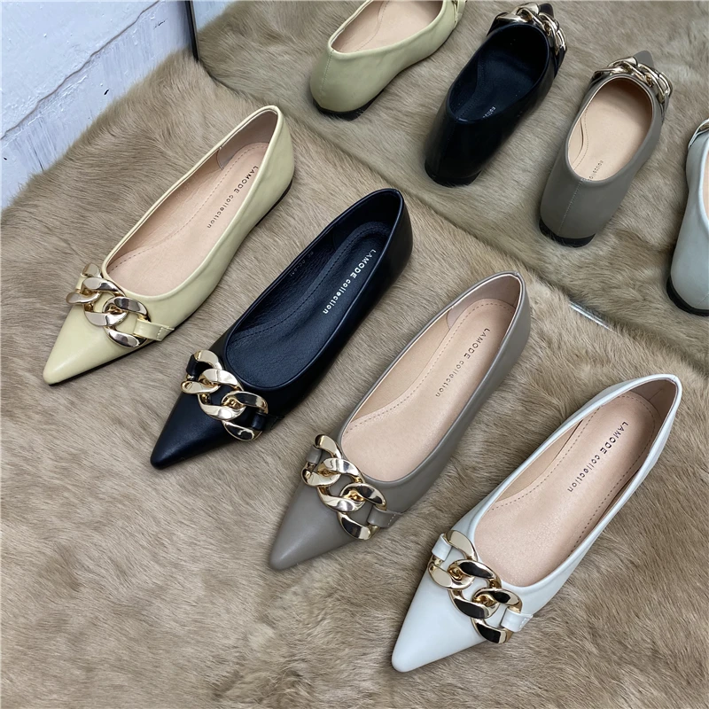 2022 New Spring Autumn Pointed Toe Women Flats Metal Chain Shallow Slip On Flat Heel Comfortable Work Shoes Ladies Shoes Woman