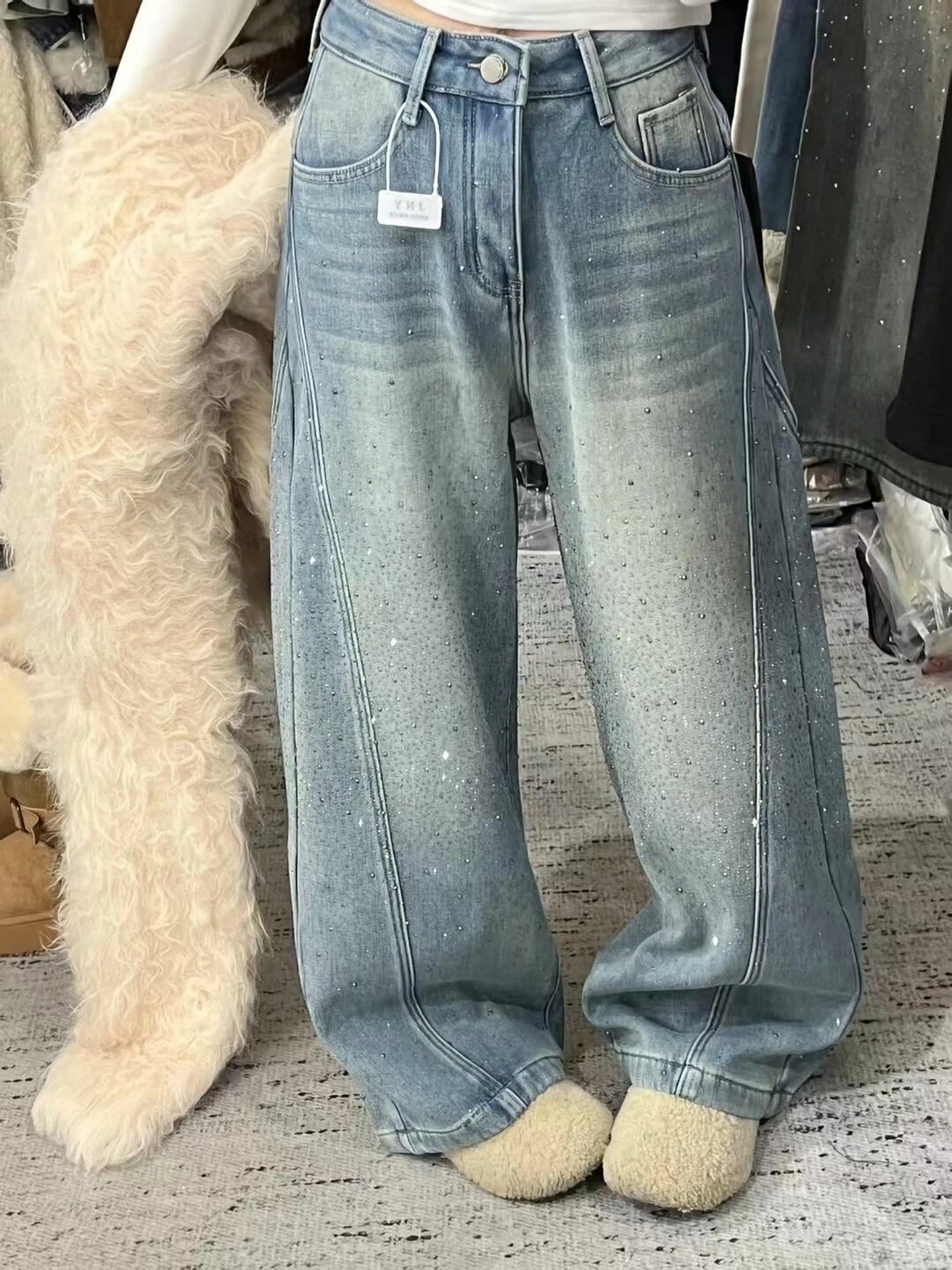 

Ретро-джинсы американского стиля больших размеров для женщин: свободные брюки с высокой талией, широкими штанинами, декорированные стразами, повседневные прямые брюки