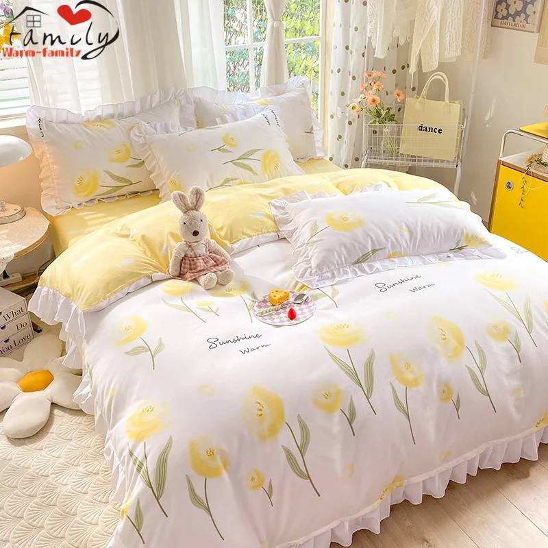 

Floral Printed Duvet Cover Set with Sheet Pillowcases Warm Cute Cartoon Bed Linen Full Queen Size Home Gift 3piece Bedding Sets