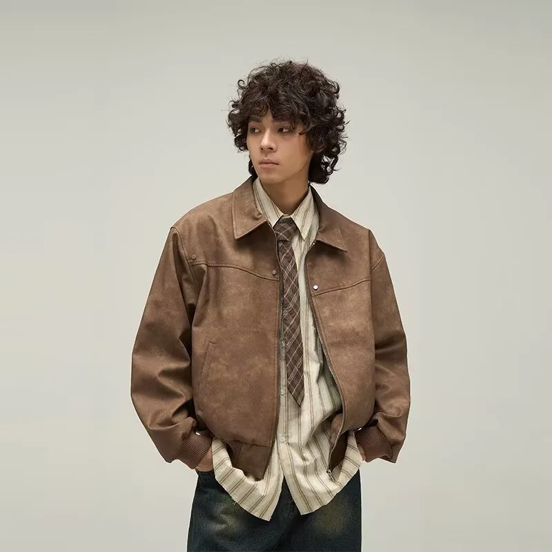 Retro Motorcycle Leather Coat for Men Short Sleeve Distressed PU Jacket Fashionable Autumn Wear​