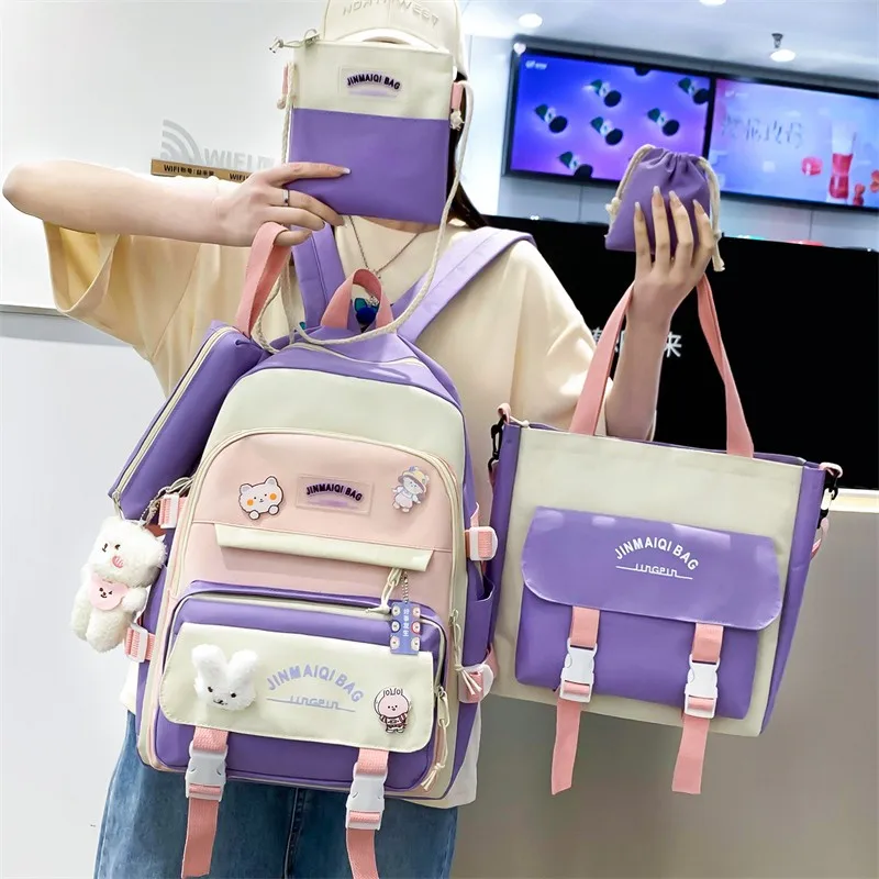 

5 In 1 School Bag for Girls Multifunctional Student Book Bags Large Capacity Teen Girl Schoolbag Casual Women Travel Backpack