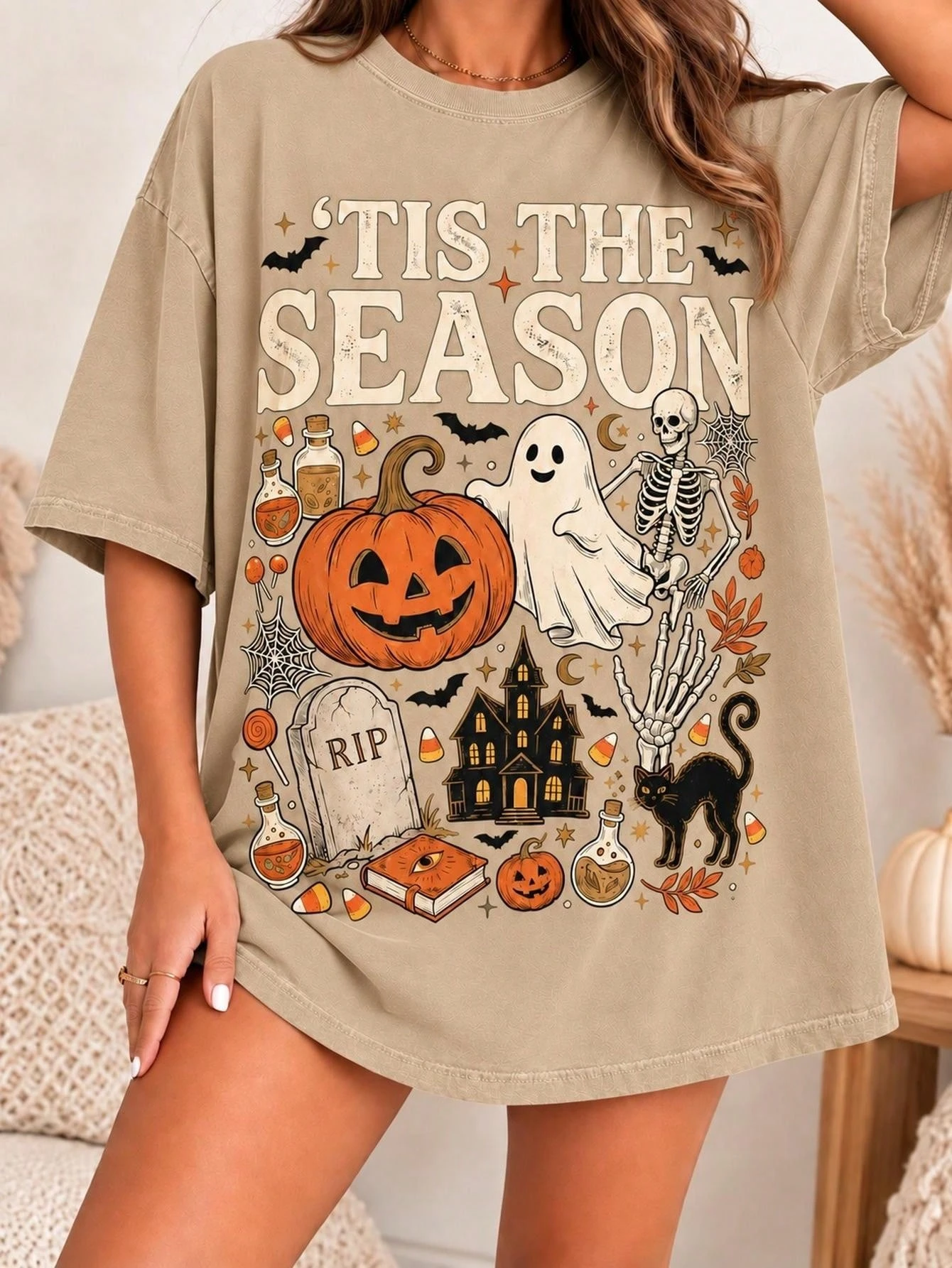 2026 New Family Matching Oversized Unisex Streetwear T Shirt Tis The Season Halloween Pumpkin Ghost Haunted House Graphic Tee