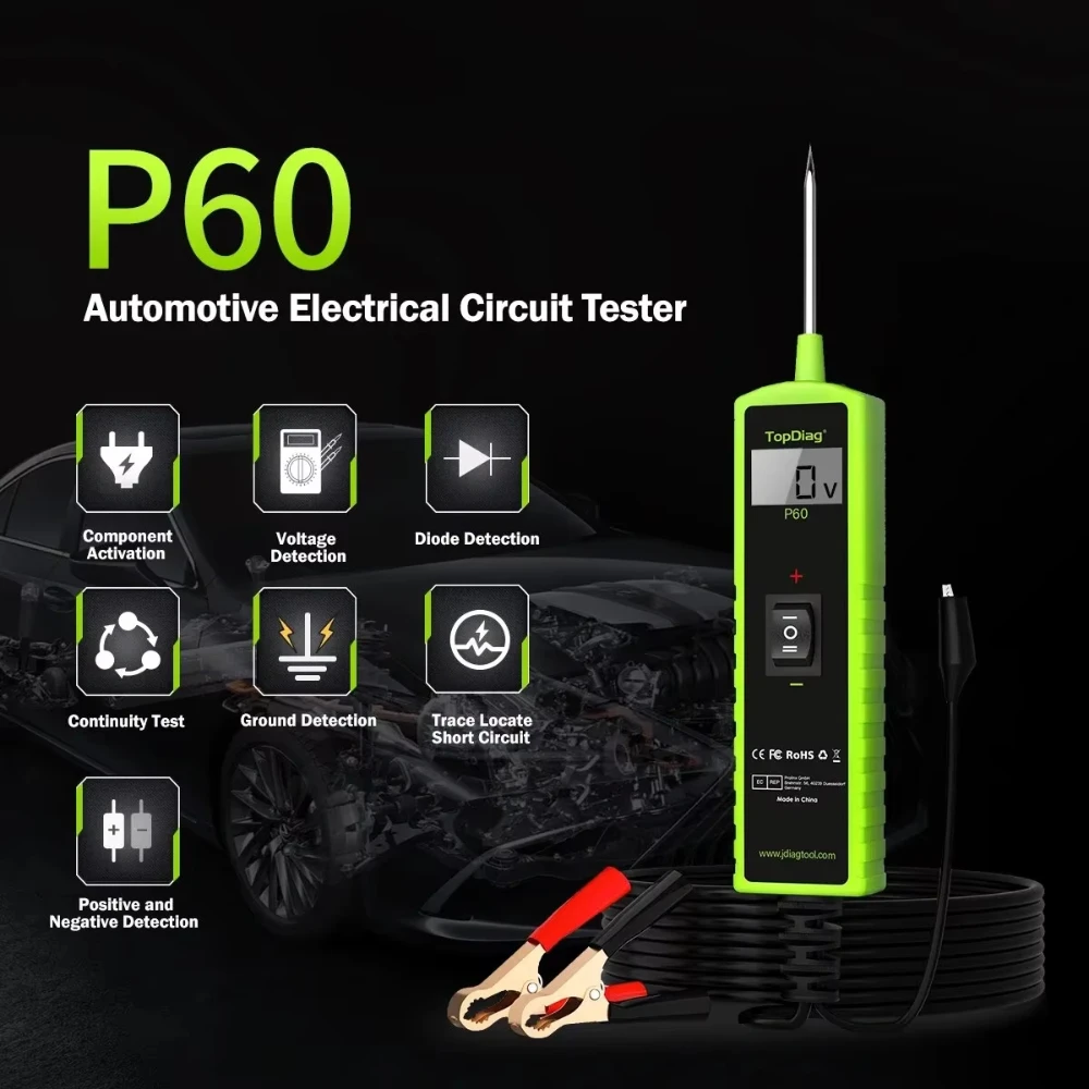 TopDiag P60 Automotive Circuit Tester Car Electrical System Short Tester 6-30V DC With Function LCD Display Flashlight Component