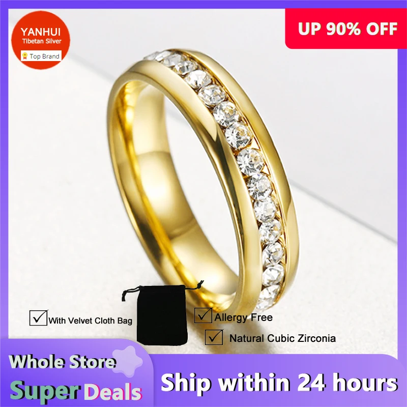 With Velvet Cloth Bag, Never Fade Golden Titanium Steel Full CZ Zircon Rings Women Men\'s Finger Ring Fashion Unisex Gift Jewelry