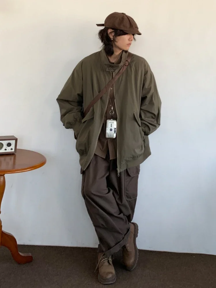 Retro Harajuku Set Men High Street Spring Autumn Bomber Jacket Loose Casual Long-sleeved Shirt Wide-leg Cargo Pants Three-piece