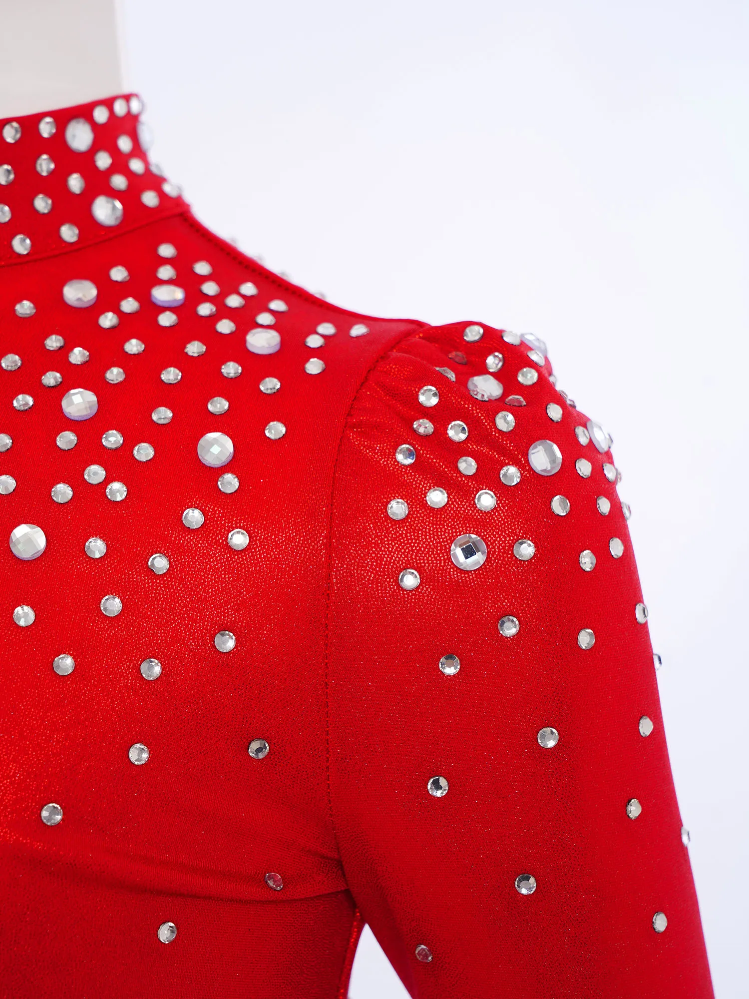 

Kids Girls Jazz Dance Top Mock Neck Long Sleeve Keyhole Back Sparkling Rhinestones Metallic Crop Top Ballet Performance Costume