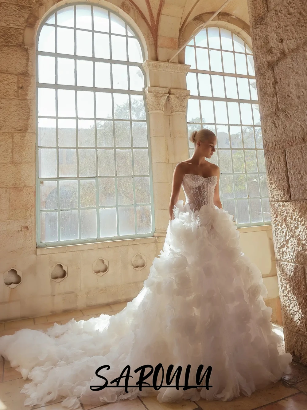 

Intricate Floral Ball Gown Customized Elegant Glitter Strapless Corset Bride Wear Princess Opulent Long Train Wedding Dress