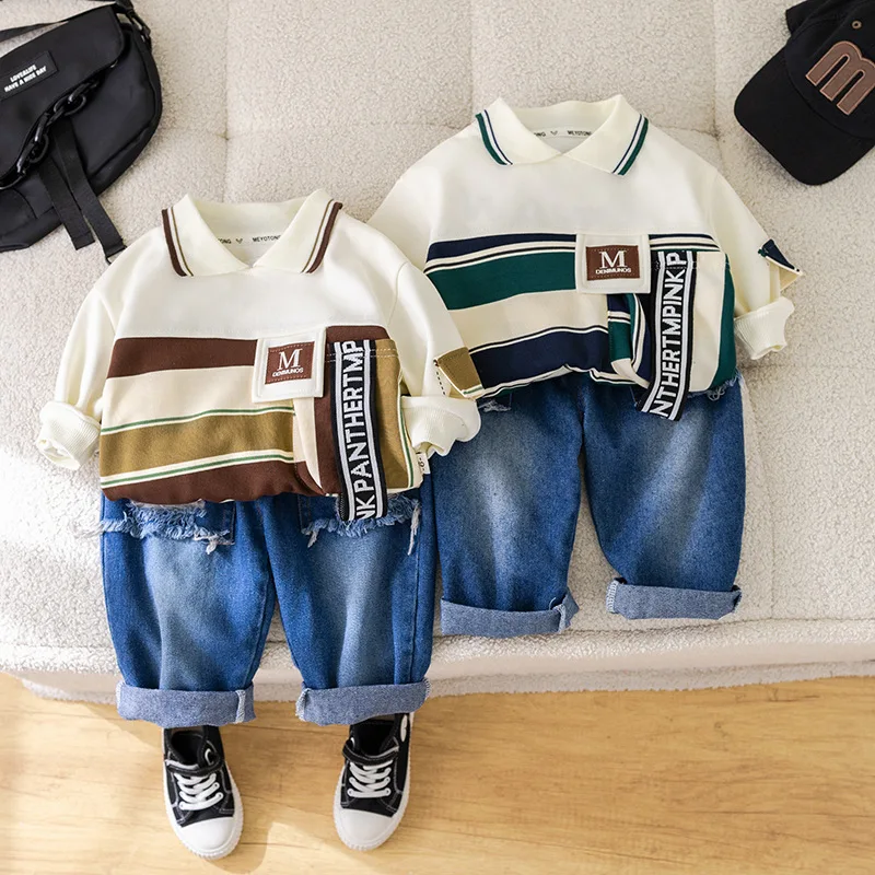 Kinder anzug Herbst neue lässige gestreifte Polos hirt Jeans Mode Kinder 2-teilige lang ärmel ige Jungen anzug Baumwolle