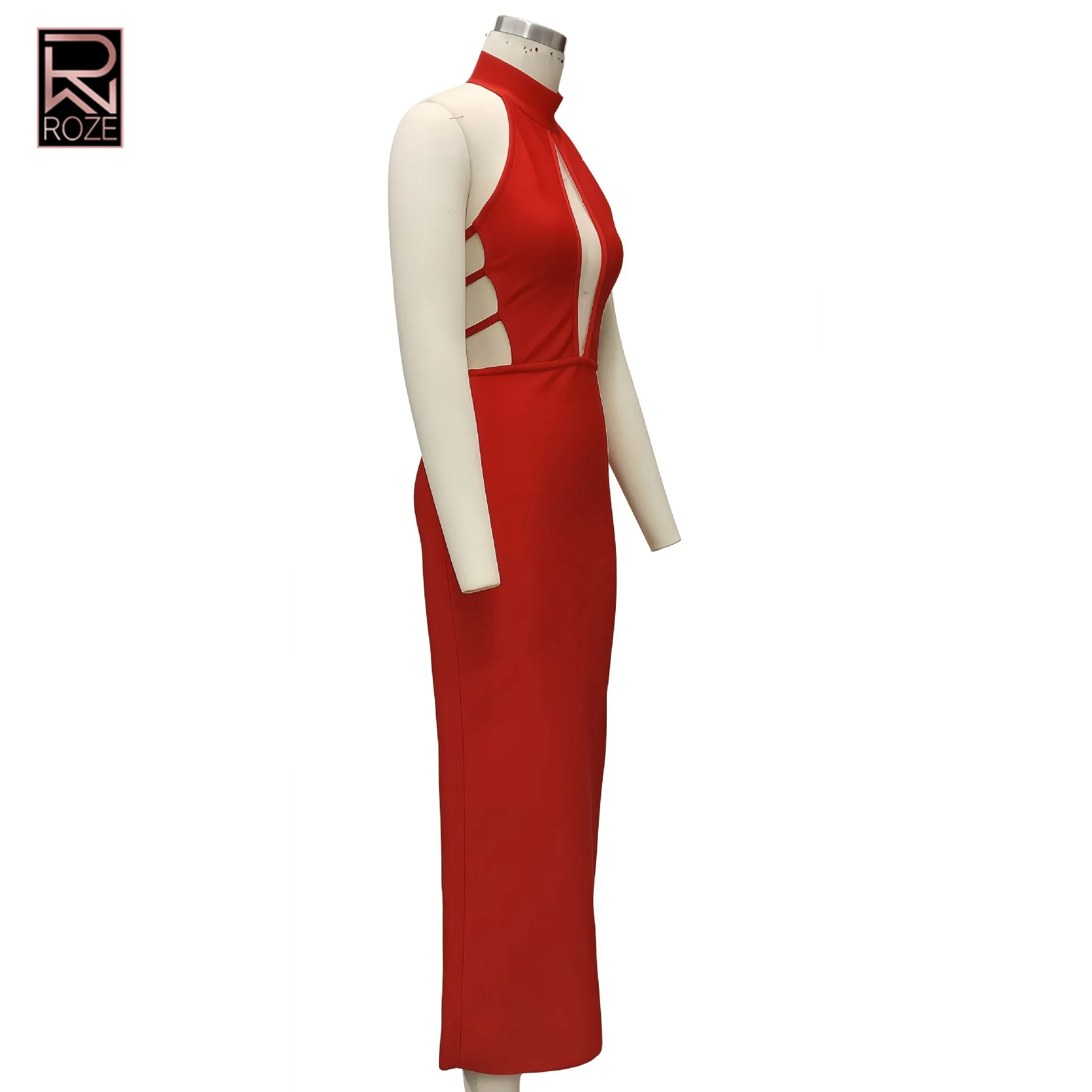 鮮やかな赤色の包帯風イブニングドレス - エレガントなハイネック、魅惑的なバックカットアウトとレースアップディテール、フォーマルな宴会やパーティー用ドレス