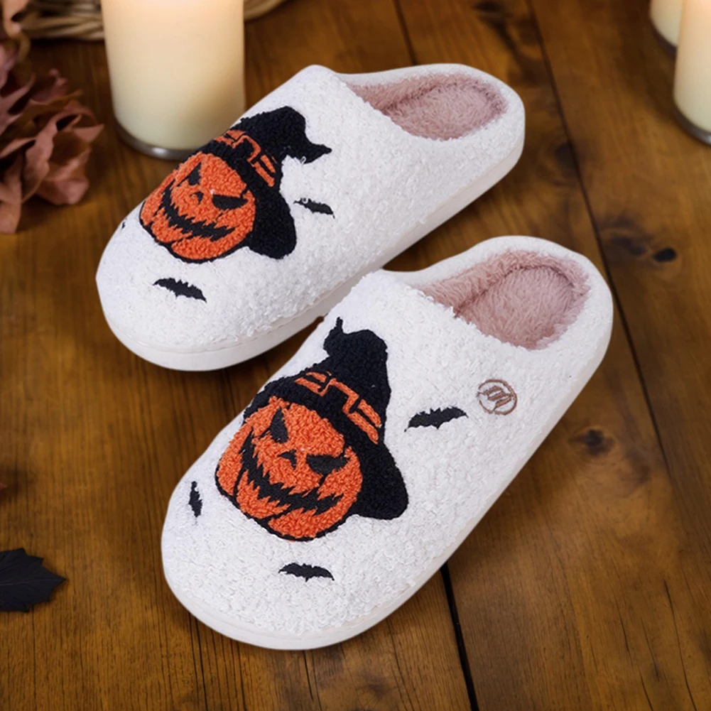 Zapatillas de calabaza de Halloween, zapatos de casa sin cordones, cómodas zapatillas térmicas planas, zapatillas de pareja esponjosas antideslizantes para hombres y mujeres