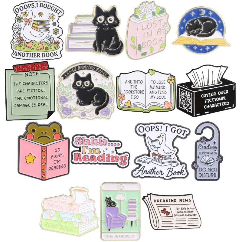 Book Lover Reading Enamel Pins Cartoon Bookworms Cat Duck Frog Brooch Reader Lapel Badge Bibliophile Jewelry Gift Fiction Fans