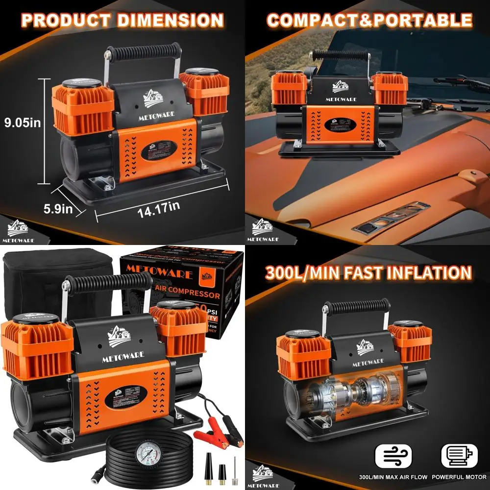 

Портативный воздушный компрессор 12 В, двухцилиндровый надувной насос 10,6 куб. футов в минуту для тяжелых транспортных средств, макс. 150 фунтов на квадратный дюйм