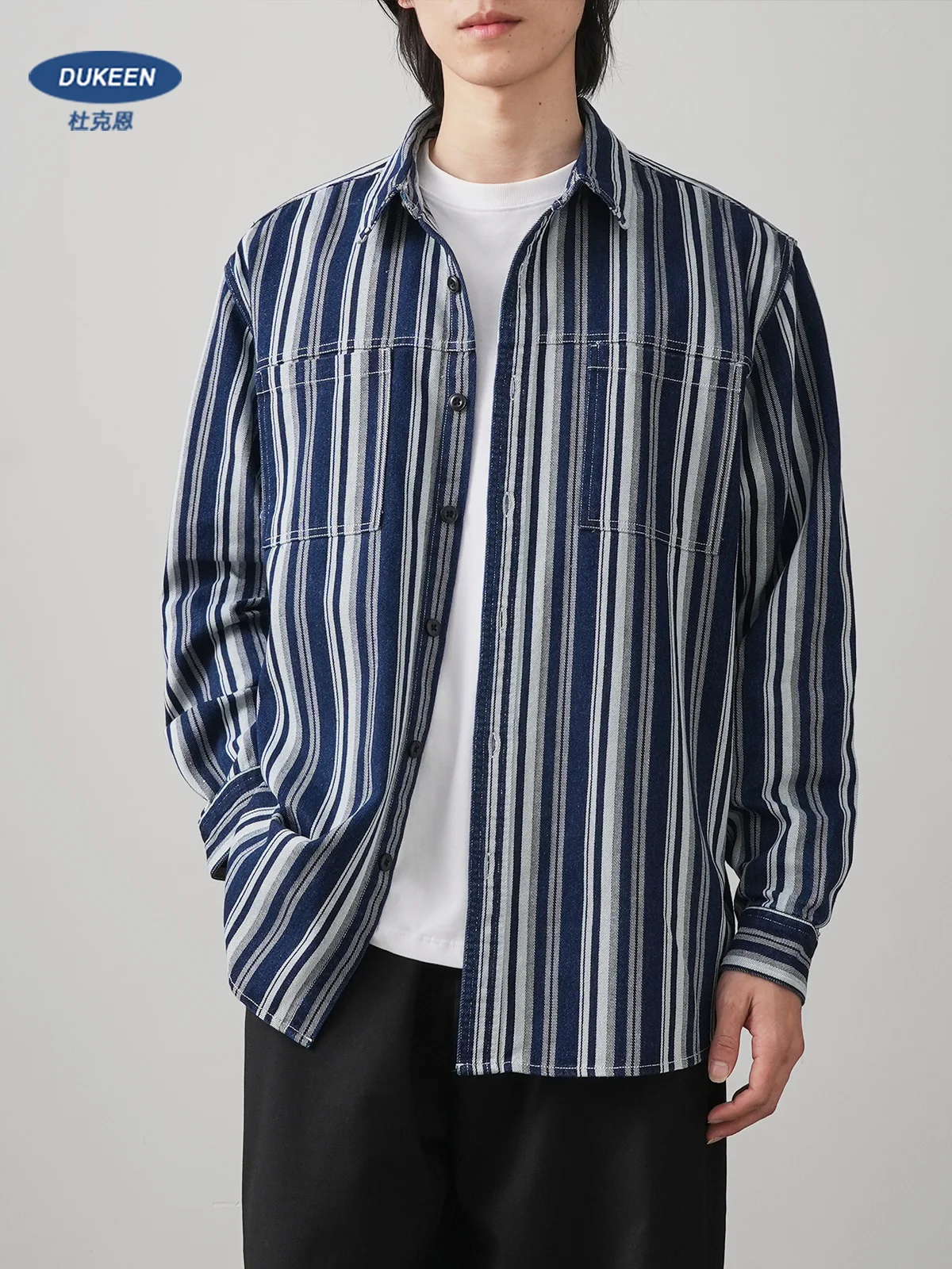 

DUKEEN Heavyweight Shirts for Men 100% Cotton 2024 New Trend Vertical Stripe Long Sleeve Casual Blouse Vintage Men's Clothing