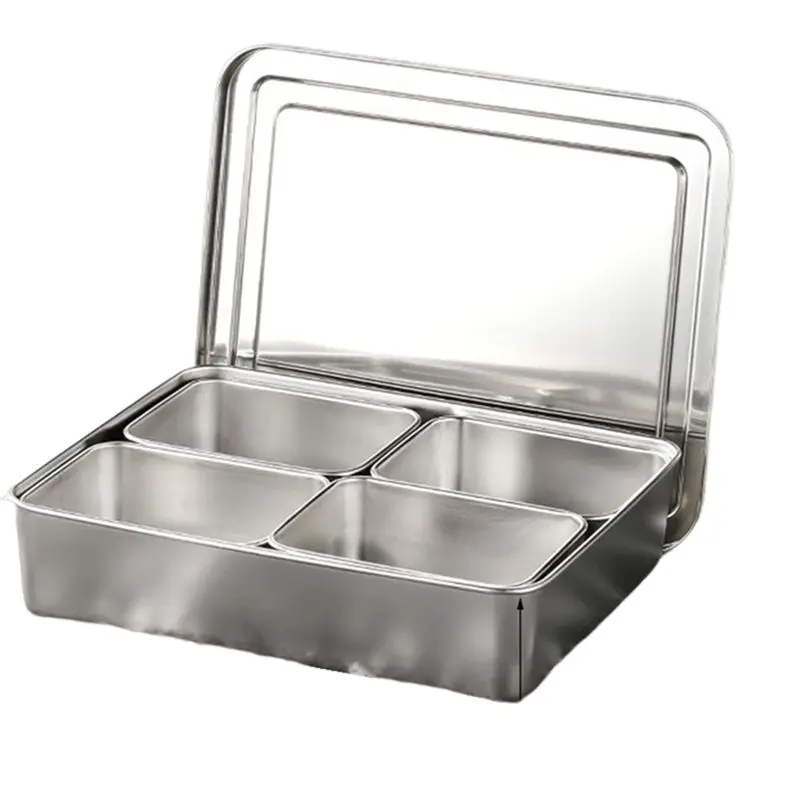 【ELEVATE LIFE】4 Grids Stainless Steel Seasoning Box with Lid Rectangle Hotel Household Spice Organizer Multifunction Kitchen Gad