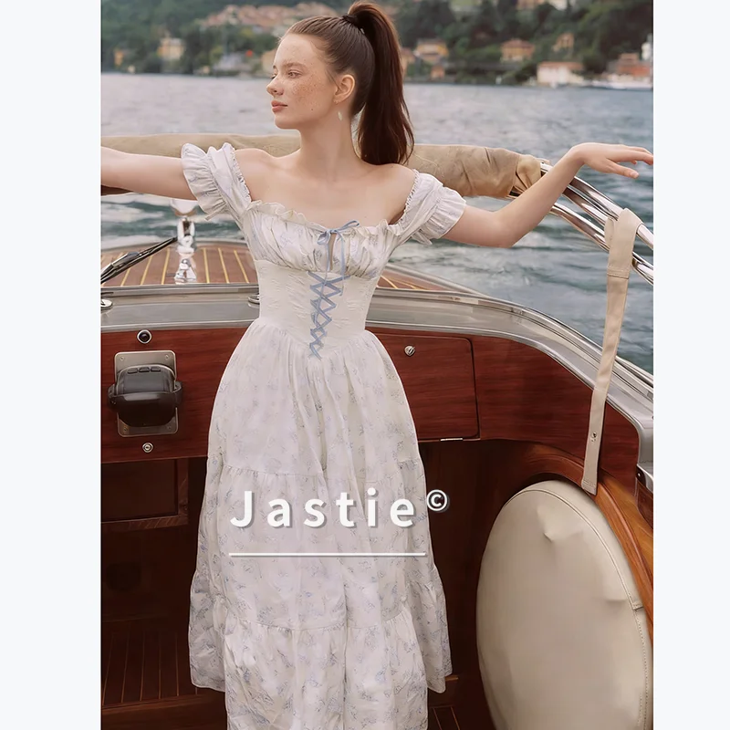 

Французское винтажное синее платье миди с цветочным принтом, женское летнее сексуальное платье с квадратным вырезом и шнуровкой, элегантное платье-корсет с пышными рукавами, сказочное платье 2026