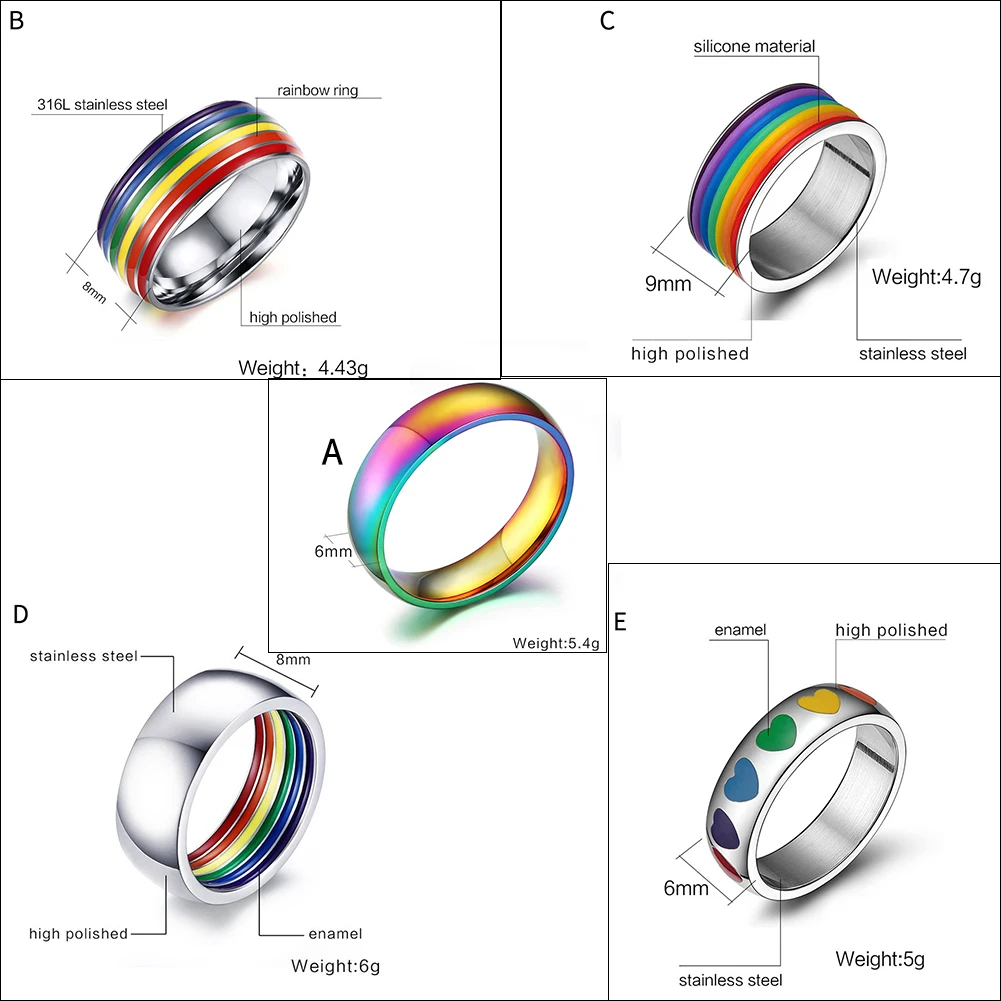 5 Styles Rainbow Color Series 316L Stainless Steel Rainbow Pride Ring For Men Woman Wedding Engagement Jewelry Gifts Boyfriend