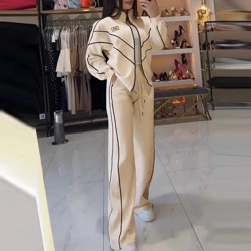 

Women Loose Elastic Waist 2 Piece Sets Casual Long Pants Outfits Spring Autumn Stand Collar Zippers Coat Pocket + Trousers Suit