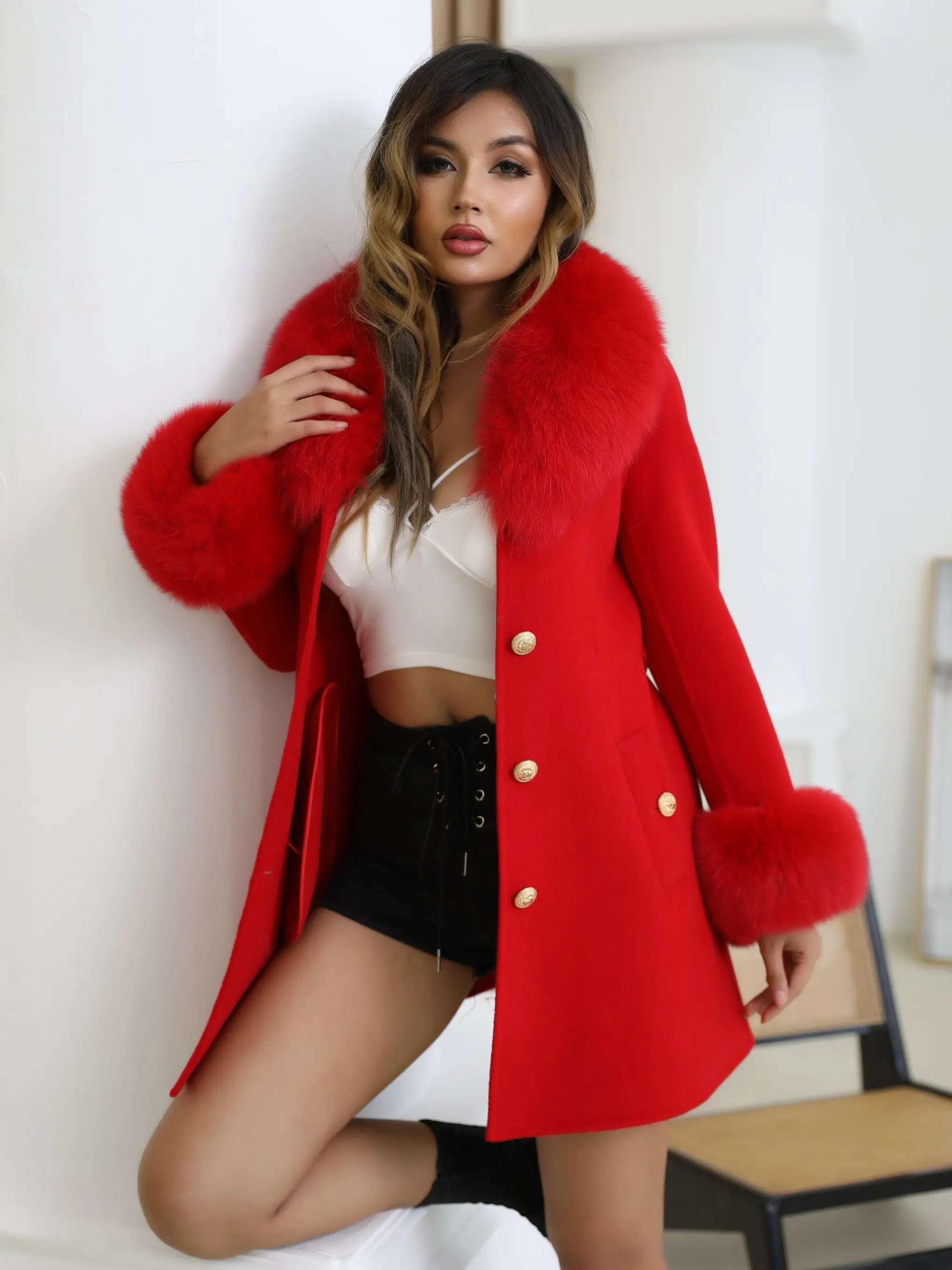 JANEFUR Wool Coat Women Medium Long 2023 Luxury Elegant Real Fox Fur Collar Cashmere Coat Belt Wholesale Lady Winter Outerwear