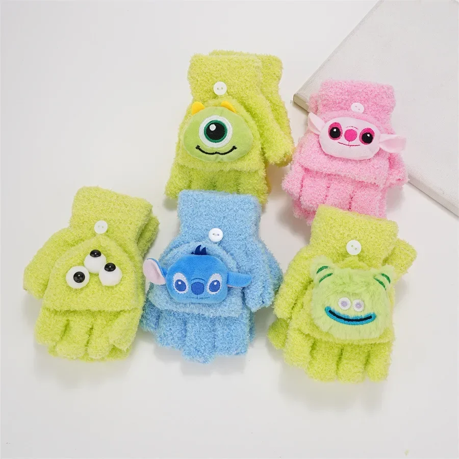 Disney Stitch Cartoon Gloves Warm Anime Coral Velvet Outdoor Autumn Winter Cute Children's Five-Finger Gloves Gifts for Children