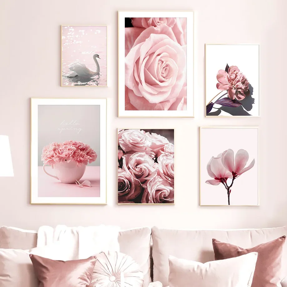 

Romantic Rose Magnolia Carnation Swan Wall Art Canvas Painting Nordic Posters And Prints Wall Pictures For Living Room Decor