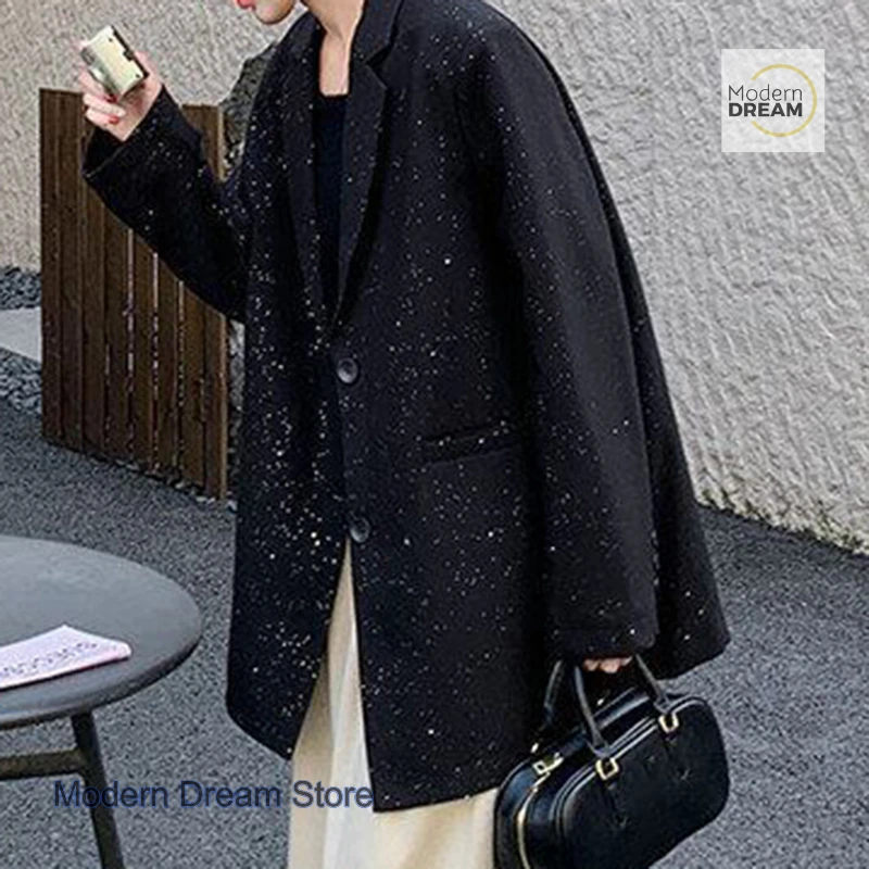 Francuski styl mody, czarna marynarka z cekinami, damska, wiosenno-jesienna, nowa, plus size, luźny krój, retro, elegancka marynarka.