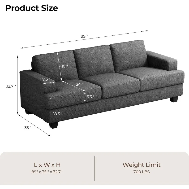 89 Inch Sofa with Extra Deep Seats, 3 Seater Sofa,Modern Couch, Comfy Armrests and Seats and Backrests, Easy Installation