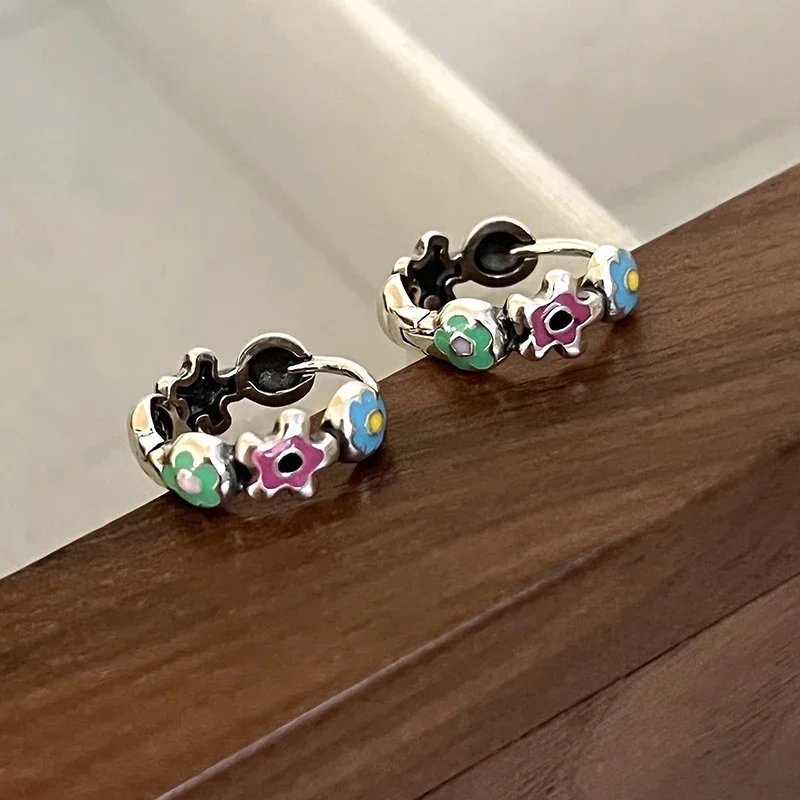 Real 925 Sterling Silver Colourful Enamel Flower Hoop Earrings for Women Classic Fine Jewelry Minimalist Bijoux Accessories