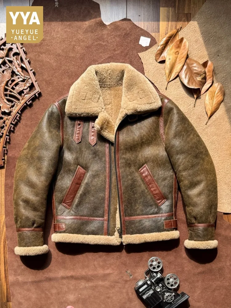 Vintage Mens Genuine Leather Motorcycle Jacket Original Eco Reak Fur High Quality Winter Thicken Warm Shearling Pilot Coat Male