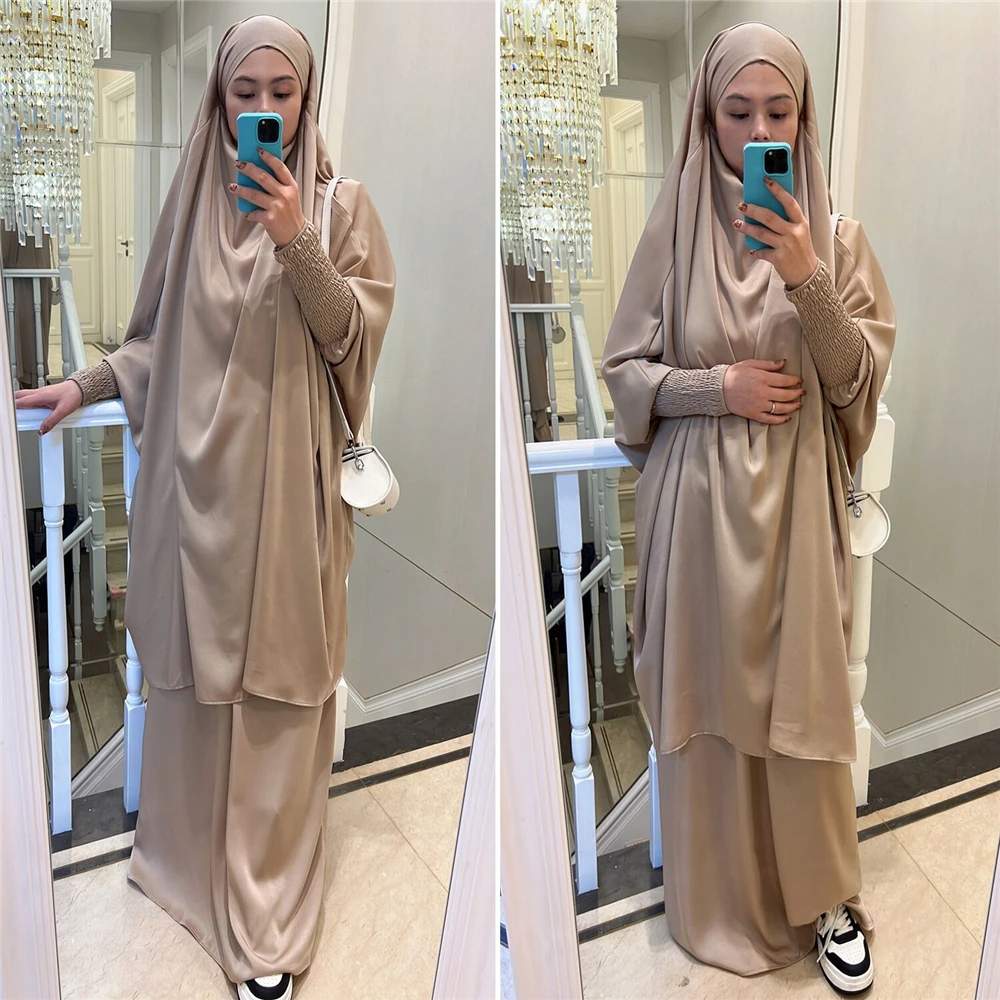 

Women Muslim Prayer Garment Plain 2 Piece Robe Set Nida Hooded Abaya Khimar Hijab Long Skirt Islam Clothes Dubai Turkey Saudia