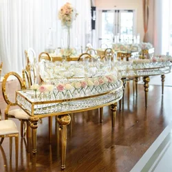 S Shape Crystal Decor Stainless Steel Legs Glass Top Dining Serpentine Table For Wedding