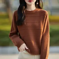 Women's Clothing Round Neck Solid Color Pullover Lantern Long Sleeve Sweater Knitted Autumn Winter Screw Thread Office Lady Tops