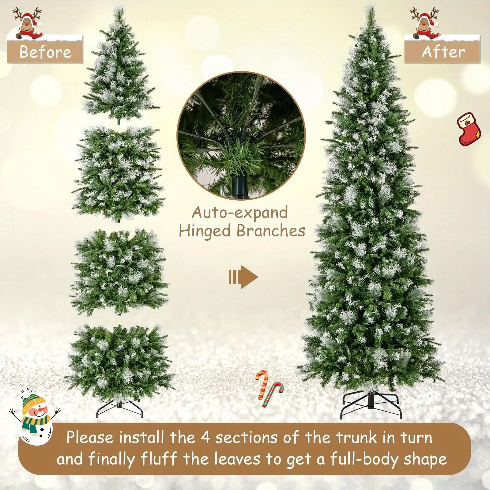 

6FT Artificial Christmas Tree, Pre-Lit Hinged Xmas Tree With 580 Flocked Frosted Tips, 280 Pre-Strung Warm-White LED Lights