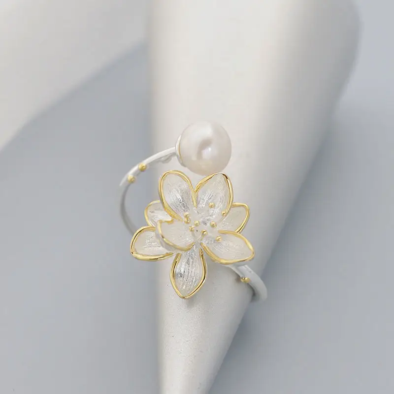 

Authentic 925 Sterling Silver Beautiful Lotus Flower Rings Inlaid Natural Freshwater Pearl Ring Women Trendy Style Jewelry Gift