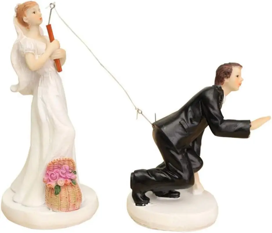 Cake On Fishing Bride Catching Groom Funny Wedding Cake Topper Decor- Bride And Groom Set Black Acrylic Topper