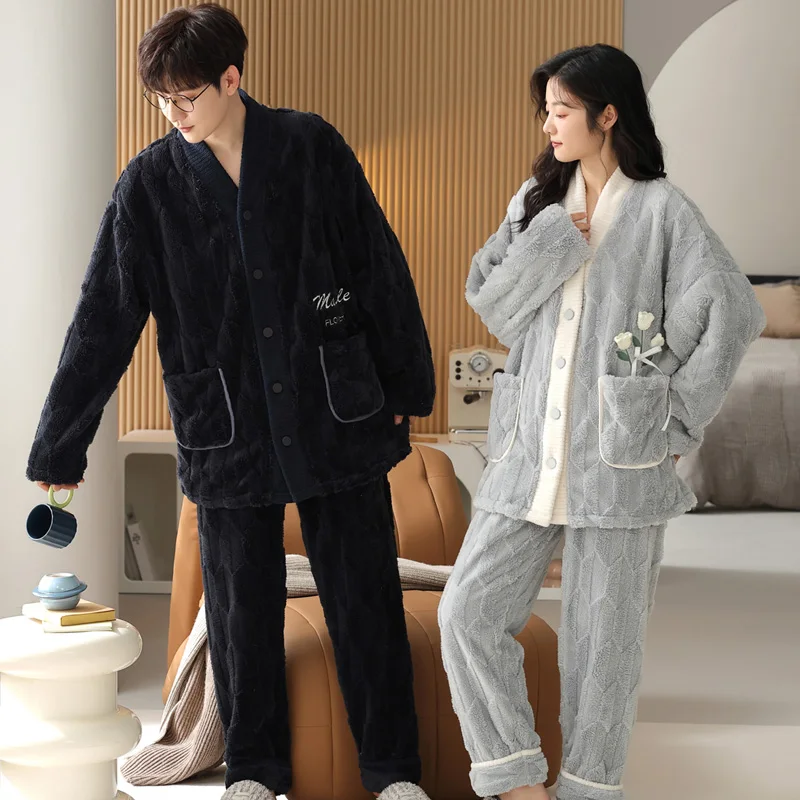 

Newest Couple Pajamas Set Winter Women Men Warm Flannel Pijama Lovers Sleepwear