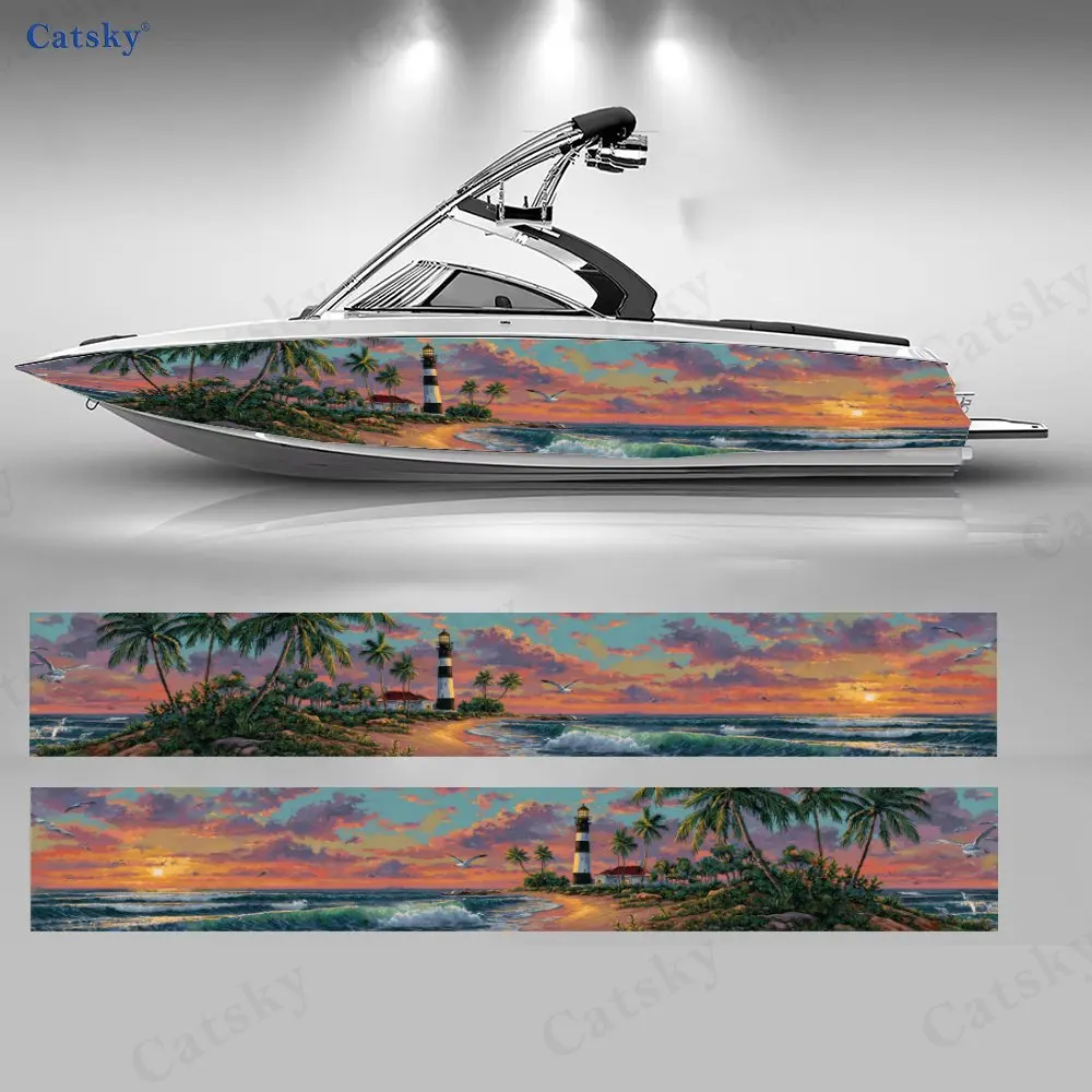 

Coast Coconut Palm Lighthouse Boat Stickers, PVC Waterproof Vinyl Wrap Decals for Fishing Boats, Durable and Stylish Design