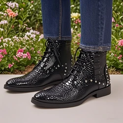 Spring and autumn Men's Pointed High-hee boots Britain Top layer leather Lace up Rivet Serpentine boots Show Office Men's shoes