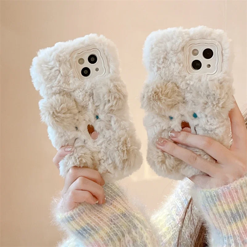 3D Cute DogWarm Winter Plush Soft Phone Case for Huawei P40 P50 P60 Pro Pura 70 Pro Fluff Toy Camera Protect Back Cover Cases