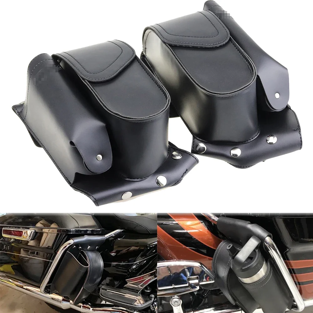 Motorcycle Left Right Crash Bar Saddlebag /Guard Bag/ Water Bottle Holder For Harley Touring Road King Street Glide 1993-later