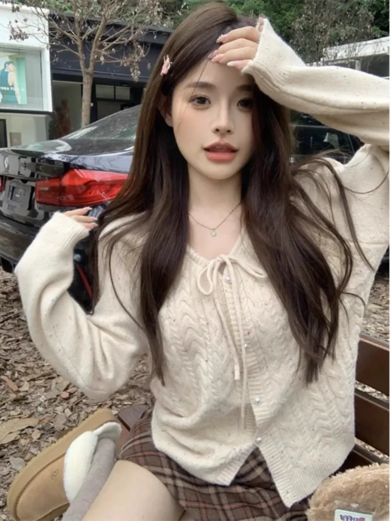 Elegant Bow Lace Up V Neck Pearl Single Breasted Cardigan Y2k Harajkuku Knitted Spring Autumn Women Clothes Sweet Korean Sweater