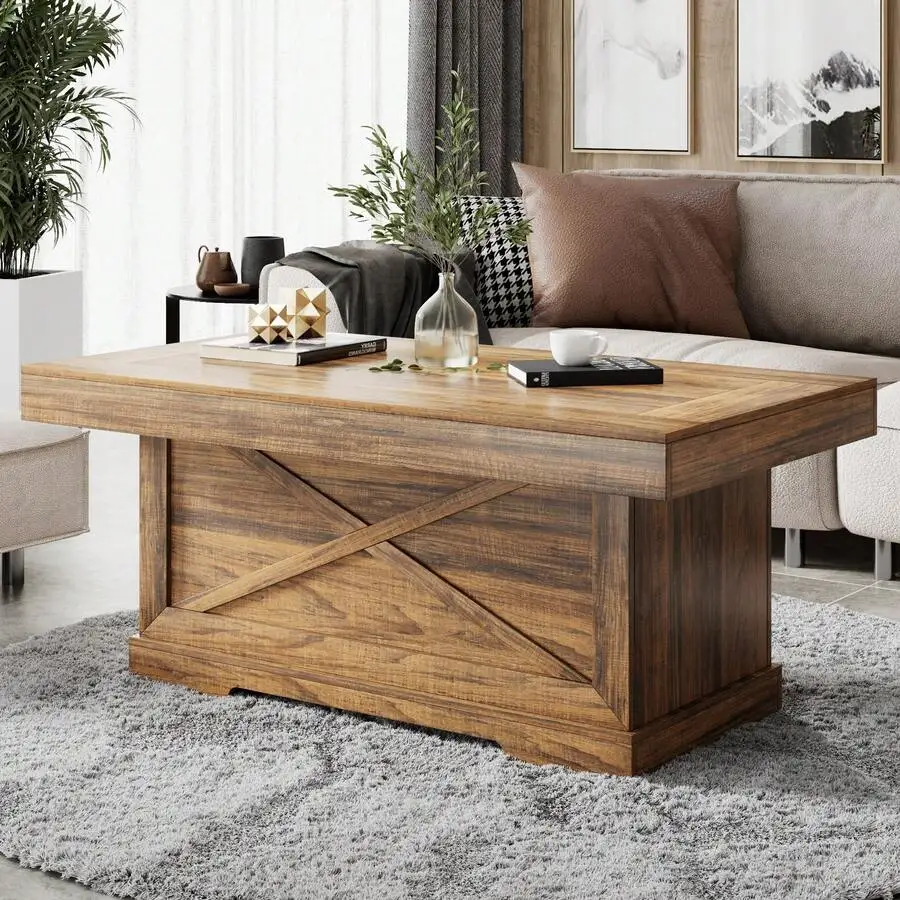 Coffee Table 39 In Rustic Center Table With X-Design Wooden Pedestal For Living Room, Space Saving, Rectangle Home Office Tea Accent Table For Apartment
