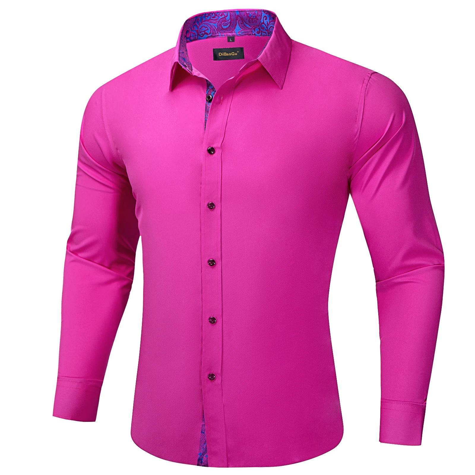 Luxury Men\'s Hot Pink Long Sleeve Casual Shirts for Wedding Prom Social Contrast Color Brand Men Clothing