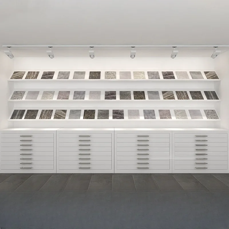 Eco-Friendly Custom Stone Tile Display Cabinet with Drawer Stone Sample Rack for Showroom Display