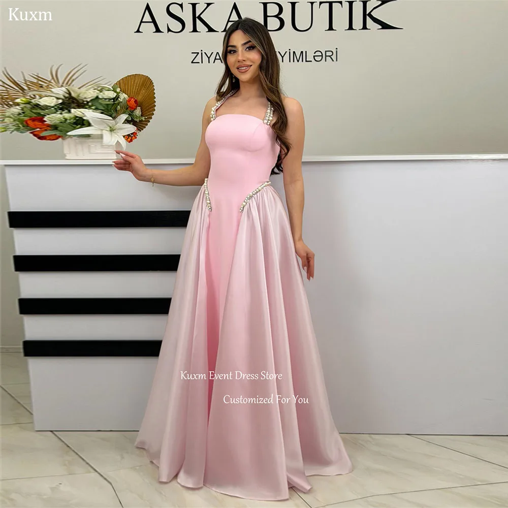 Kuxm Pink Satin A Line Evening Dresses Crystal Halter Neck Party Dresses Sleeveless Floor Length Women's Prom Gowns Customized