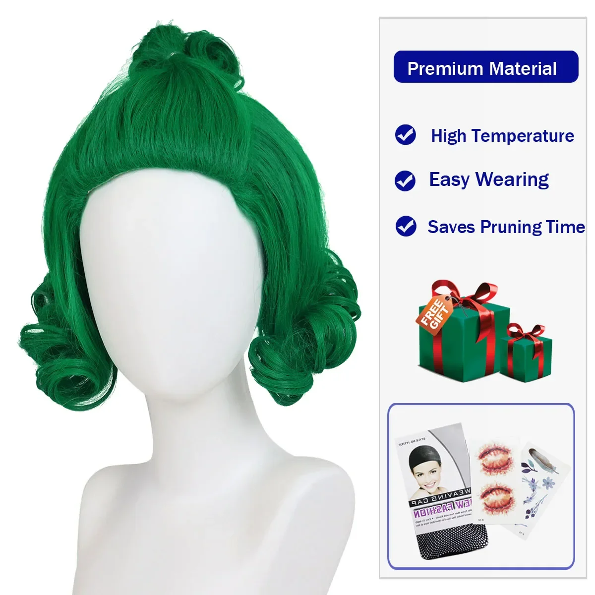 Parrucche per costumi di Halloween da uomo Parrucca sintetica per capelli cosplay di fabbrica di anime ricci corti verde scuro con sopracciglia bianche dall'aspetto naturale