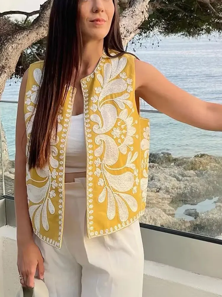 HH Embroidery Vest For Women Y2k Vintage Casual Sleeveless Cardigan Waistcoat Top Fashion Woman Floral Embroidered Vest