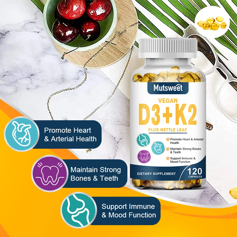 Vegan 2-in-1 Vitamin D3 5000 IU+K2 100mcg MK-7 Capsules Organic Coconut Oil Natural Ingredient Calcium Regulation Immunity