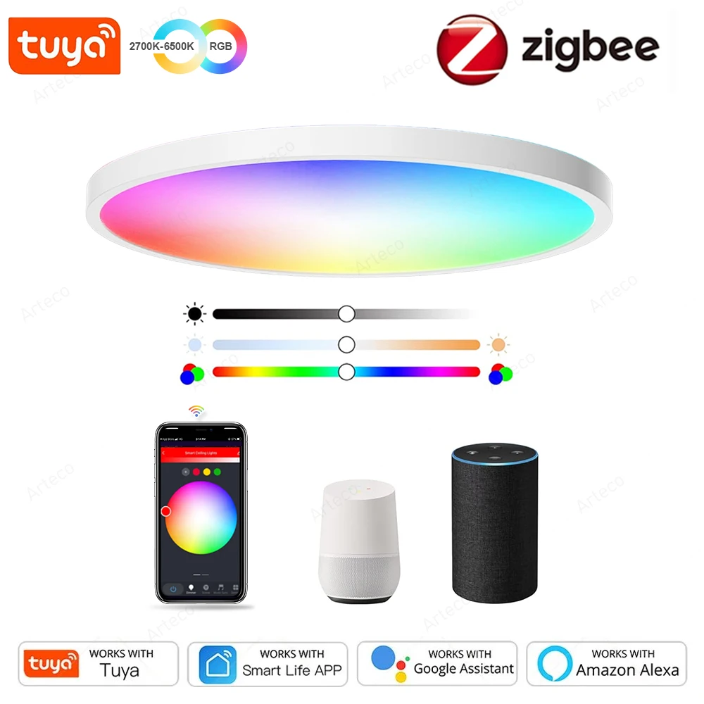 Умные потолочные светодиодные лампы Zigbee, лампа RGB CW Tuya с управлением через приложение, работает с Alexa, для гостиной, спальни, дома, 24 Вт, 40 Вт