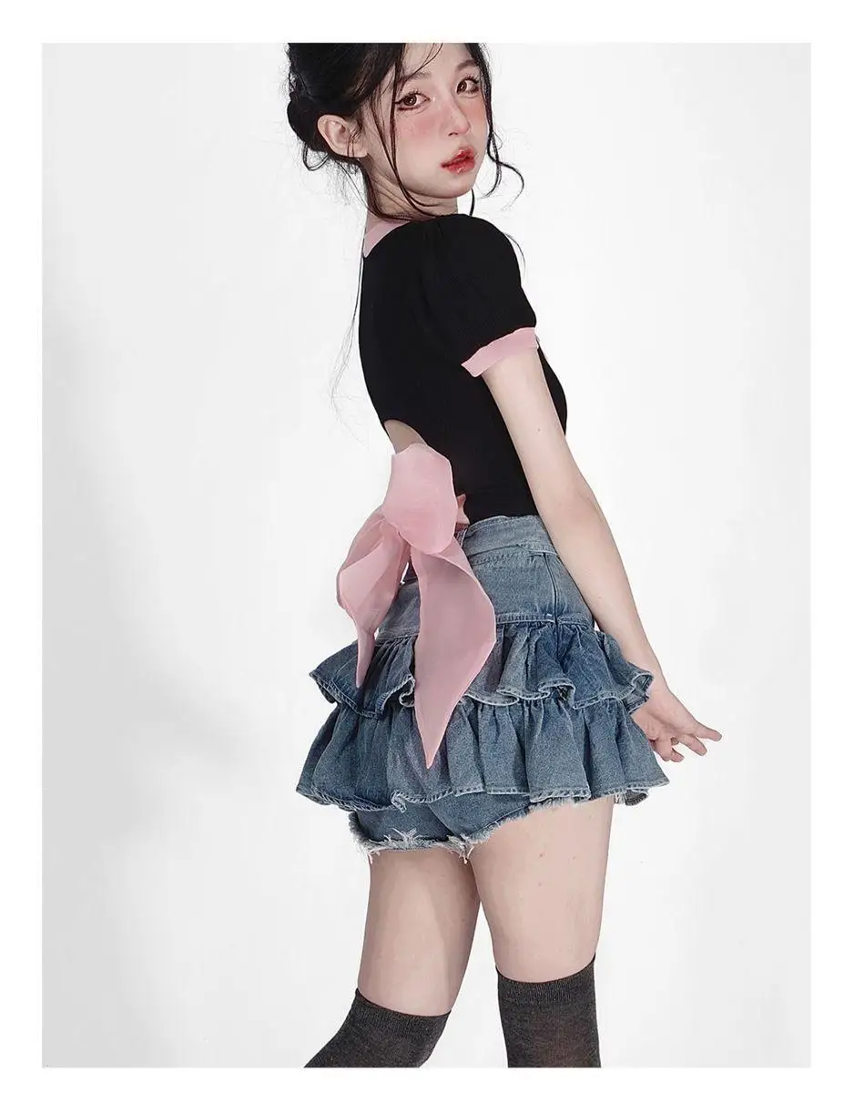 Love Hollow Card Waist Small Shirt Short Sleeved T Shirt Female New Bow Bubble Bubble Sleeve Hot Girl Slim Short Top